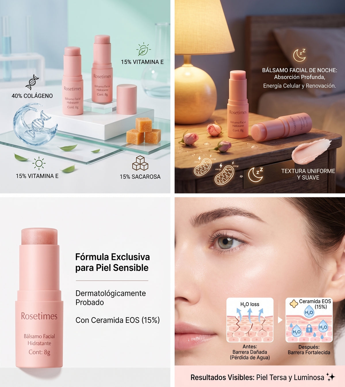 Bálsamo Facial Hidratante Stick Solución Completa Rosetimes