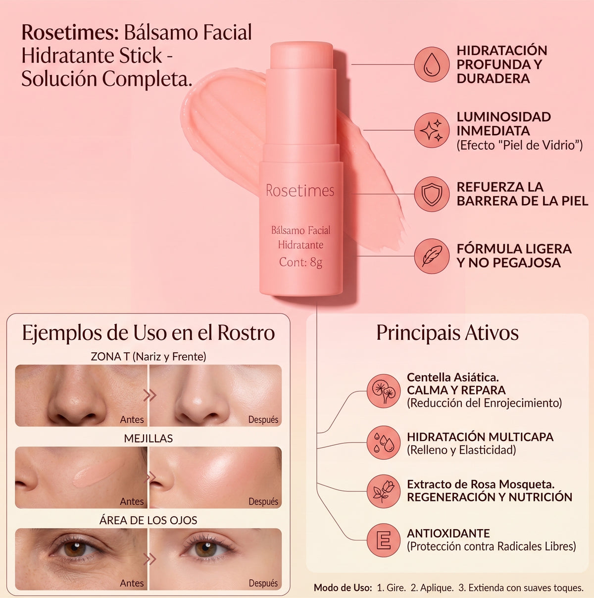 Bálsamo Facial Hidratante Stick Solución Completa Rosetimes